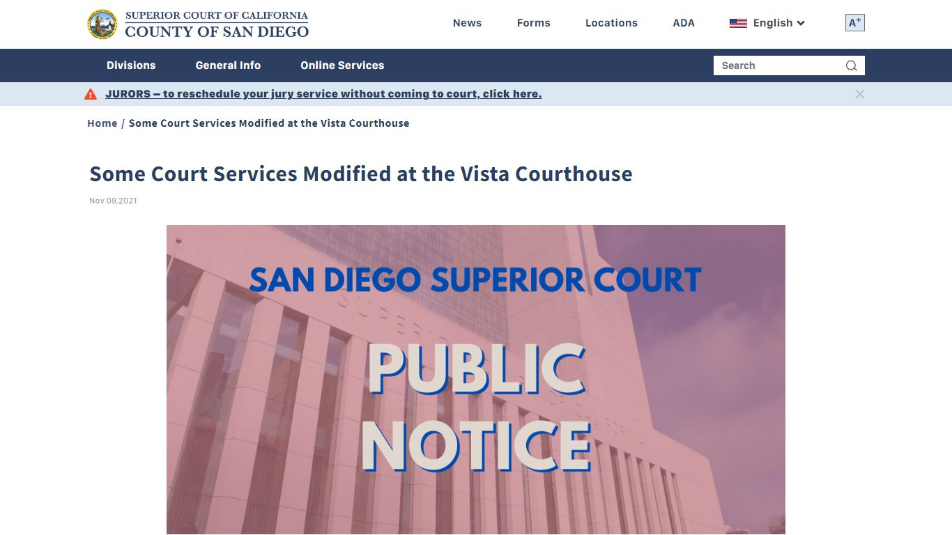 Some Court Services Modified at the Vista Courthouse