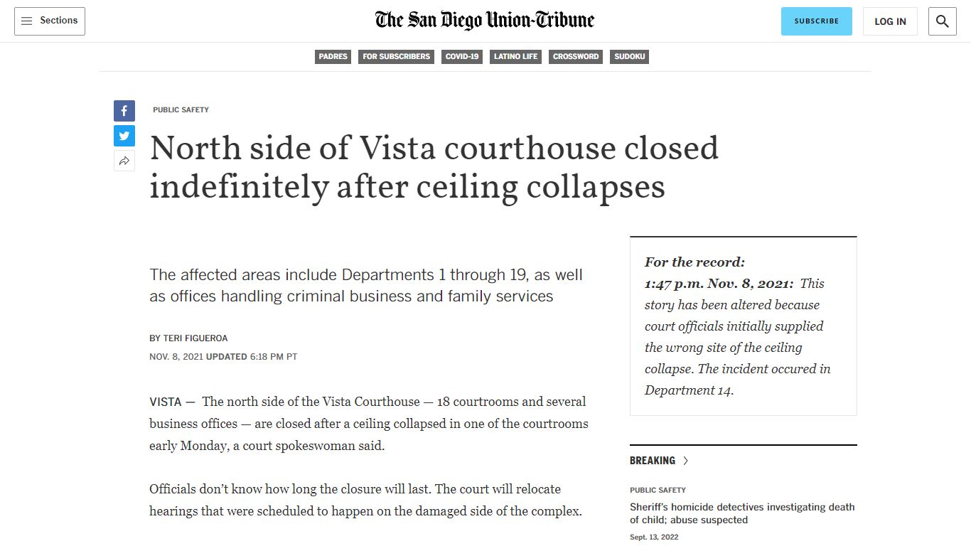 North side of Vista courthouse closed indefinitely after ceiling ...